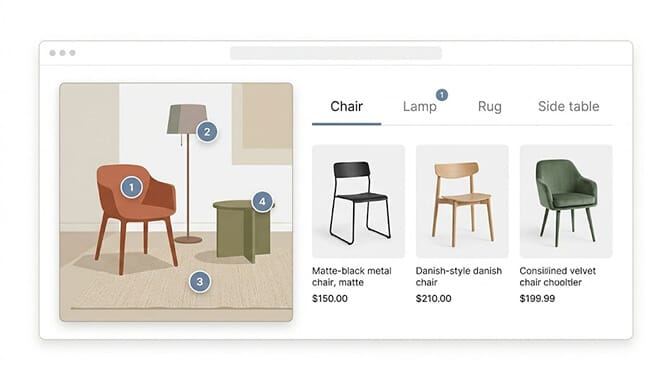 A single styled room Pin parsed by visual search into separate matched queries for the chair, lamp, rug, and side table, each shown as its own results tab