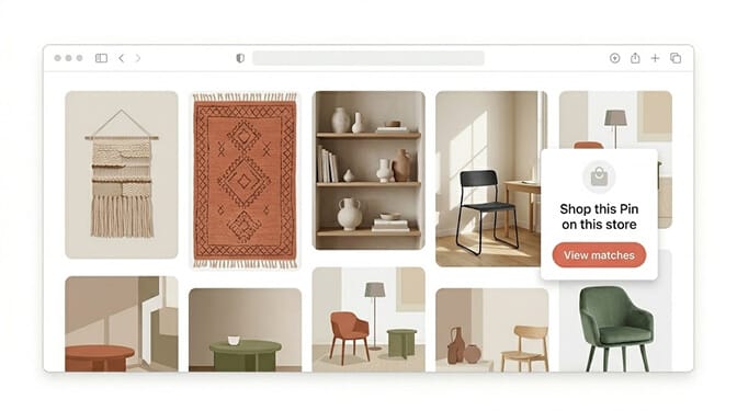 A Pinterest image with a Shop this Pin browser extension overlay that, when clicked, drops the shopper into a Shopify results page with the visual match already executed
