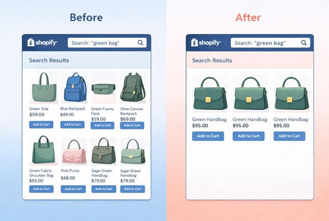 Before/after comparison showing cluttered search results page for green bag versus clean, accurate results from a visual search query