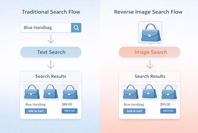 Simple diagram showing traditional search flow (text to results) versus reverse image search flow (image to results)