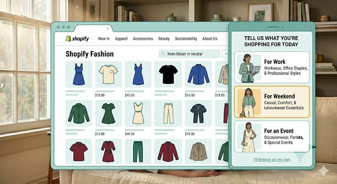 Shopify storefront on first visit with a non-intrusive bottom-sheet prompt asking what are you shopping for today with four large visual options and the product grid behind it visibly shifting to match the selected context