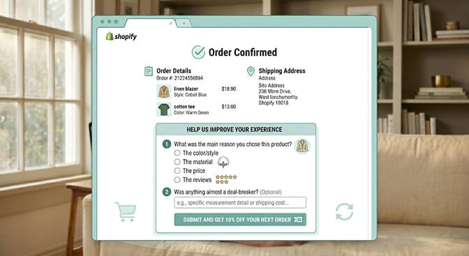 Shopify order confirmation page with a friendly two-question post-purchase survey asking what was the main reason you chose this product and was there anything that almost stopped you from buying with tappable answer chips
