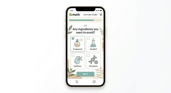 Mobile Shopify product finder quiz showing three questions about skin type, primary concern, and ingredient sensitivities with a results screen on the right displaying six personalized product matches and a quiz completion badge