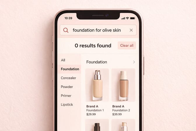 Zero search results page showing no products found for foundation query in beauty store