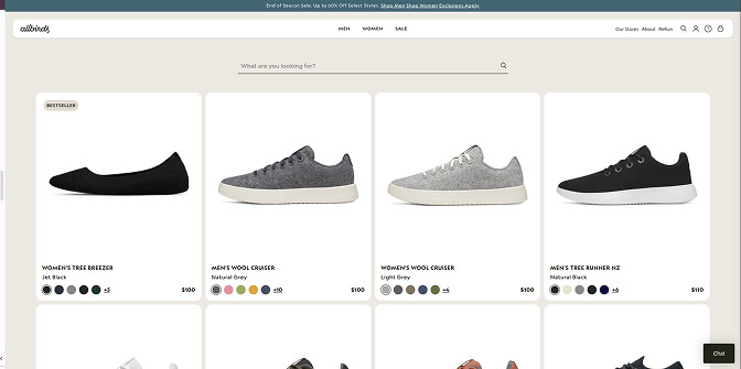 Allbirds search bar with conversational microcopy
