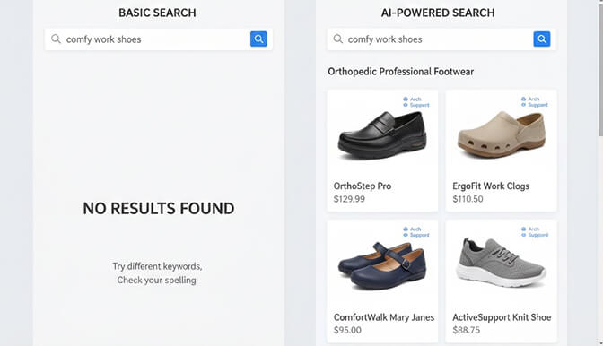 Side-by-side comparison showing basic search returning no results for comfy work shoes vs AI search returning orthopedic professional footwear options