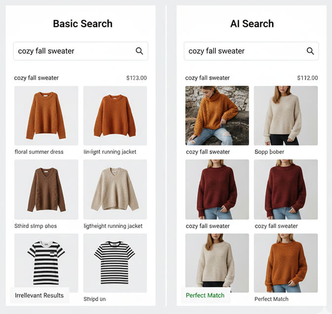 Before and after comparison of search results for cozy fall sweater showing irrelevant results from basic search versus perfectly matched products from AI search