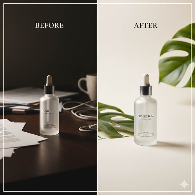 Before and after comparison of product photography showing dim cluttered background versus clean professional setup