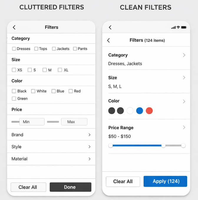 Side by side comparison of cluttered mobile filter interface with tiny checkboxes versus clean modern filter panel with real-time product count updates
