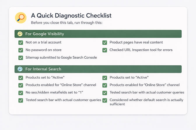 Diagnostic checklist for fixing Shopify store visibility issues