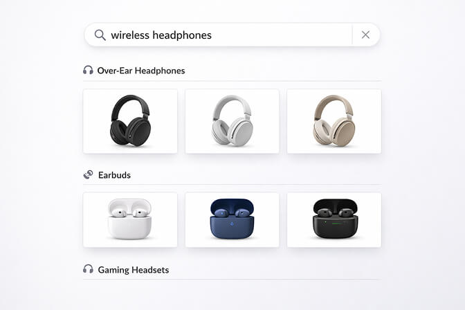 Federated search pulling results from multiple product categories for a single wireless headphones query