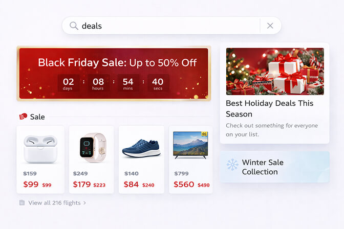 Federated search surfacing active promotions sale collections and time sensitive offers alongside products