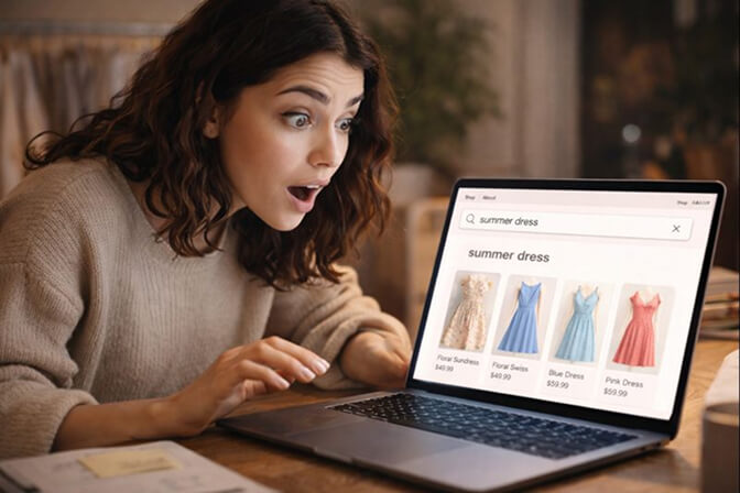 Merchant testing website search functionality with conversational queries and natural language search