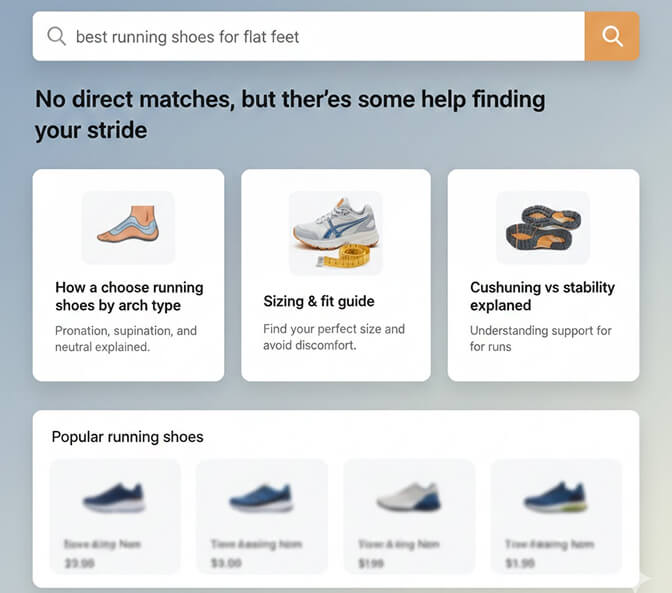 No results page displaying contextual buying guides and blog content related to the search query