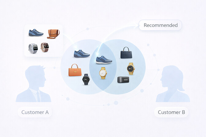 Collaborative filtering diagram showing how customers with similar purchase patterns receive product recommendations based on each others behavior