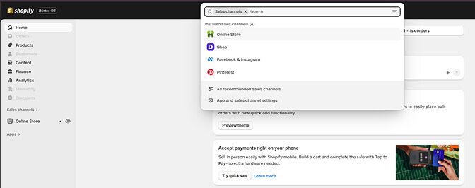 Shopify product sales channel settings showing Online Store checkbox