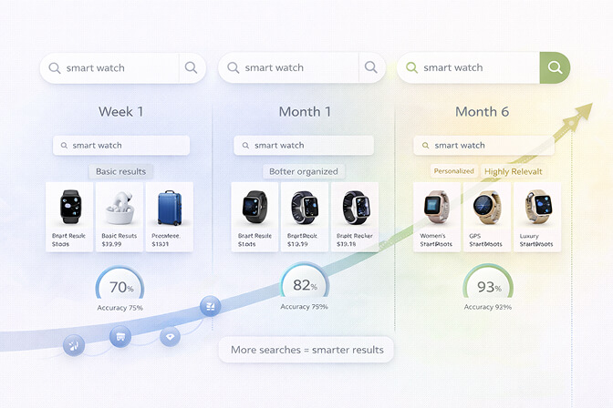 Diagram showing how semantic search learns and improves over time from customer queries and click behavior