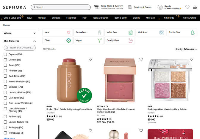 Sephora concern-based faceted filters for skin type and concerns