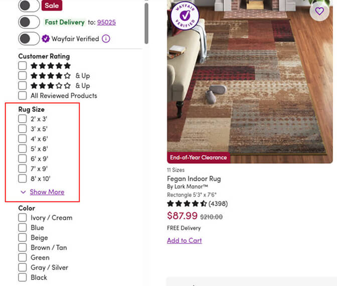 Wayfair contextual filter ordering based on customer priority
