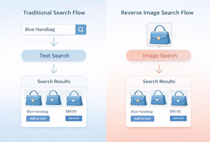 Simple diagram showing traditional search flow (text to results) versus reverse image search flow (image to results)