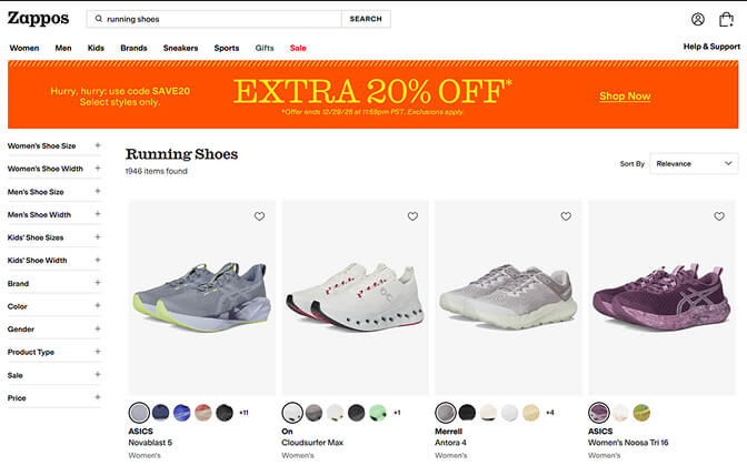 Zappos dynamic faceted filters adapting to product category